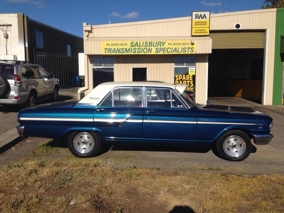 A vintage Ford waiting to be collected after having the transmission repaired